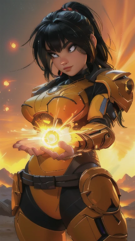 a woman in a yellow and black outfit holding a glowing ball, she has fire powers, Wojtek FUS, inspired by Marek Okon, unreal solar flare engine, the sorceress casting a fireball, flame conjuring armored, epic sci-fi character art, hyperrealistic fantasy art, epic sci-fi character art, Alena Aenami e Artgerm
