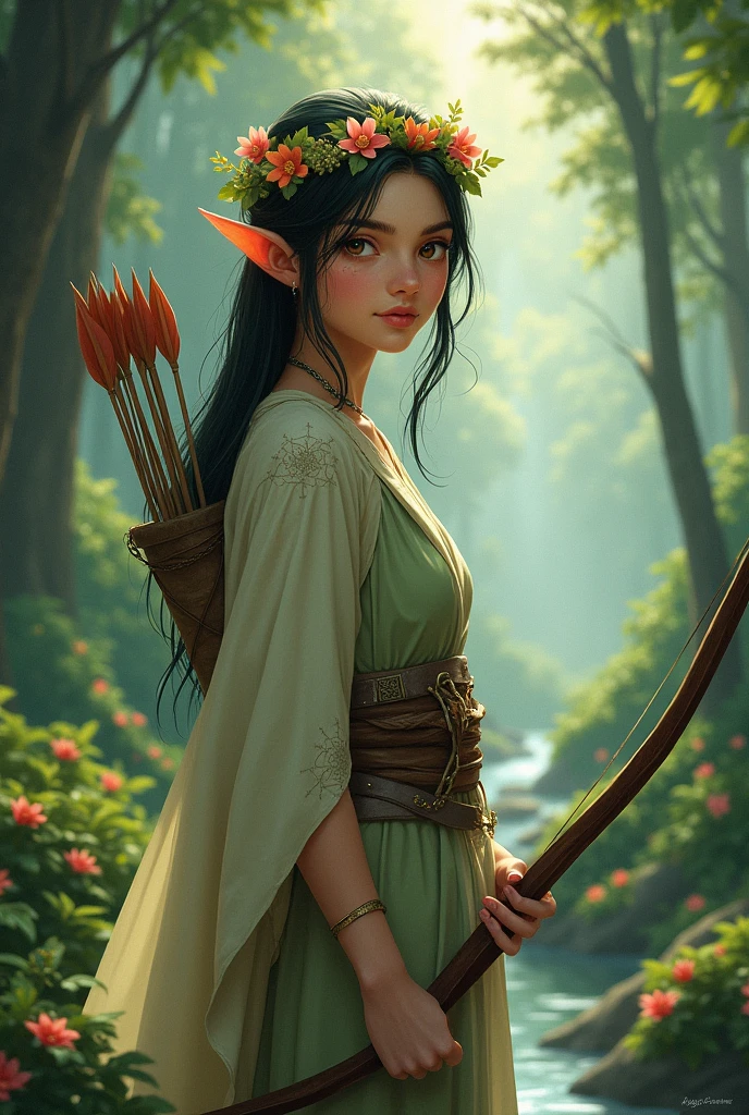 An 18-year-old nature elf who is a little green with dark hair and brown eyes and shy who is a cleric with a bow and arrow and a flower tiara who believes in the god of water