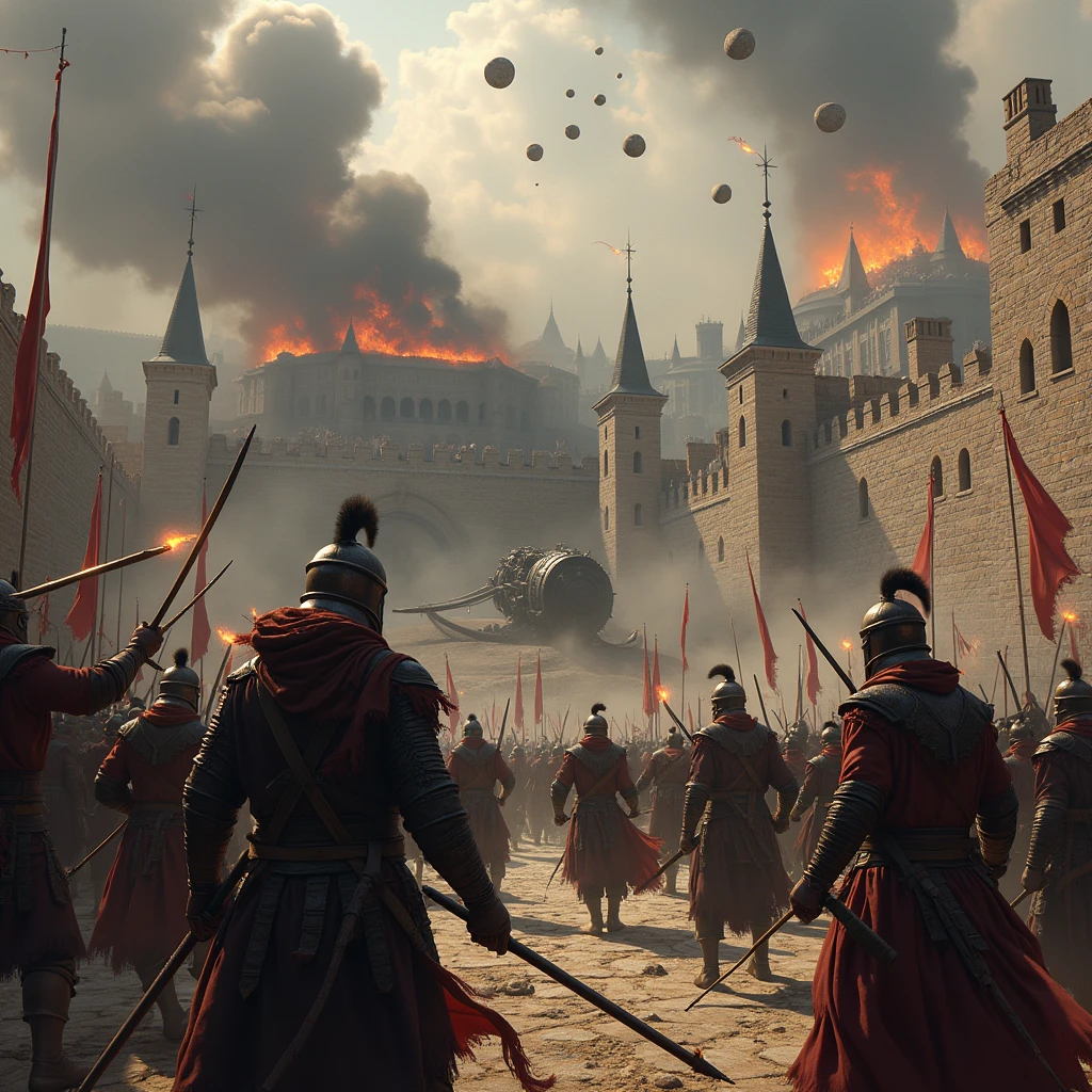 Visual: Siege scenes—Mongol catapults hurling stones, walls crumbling, fires breaking out within the city.High Resolution, 