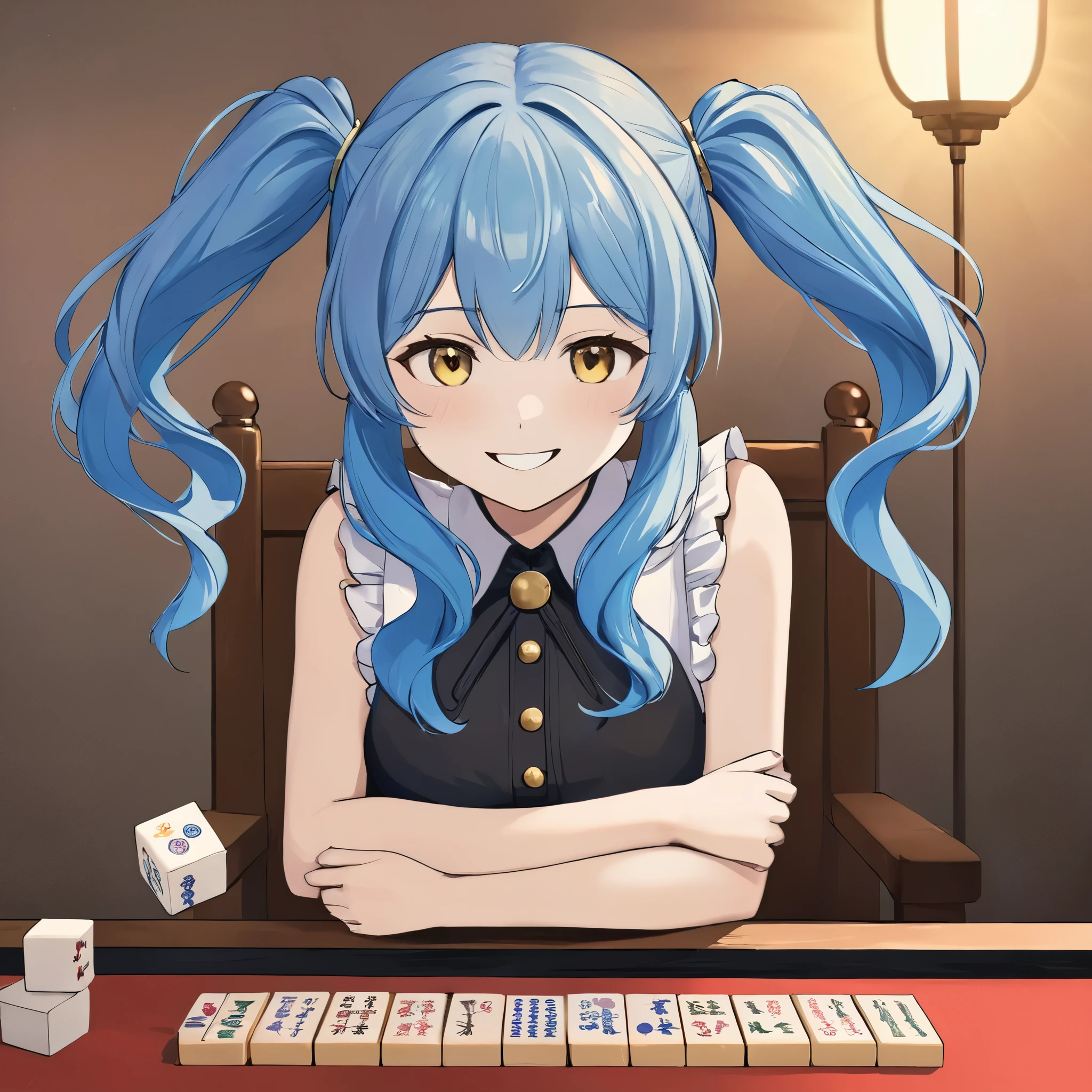 Girl enjoying mahjong, smiling, long light blue hair, twin tails