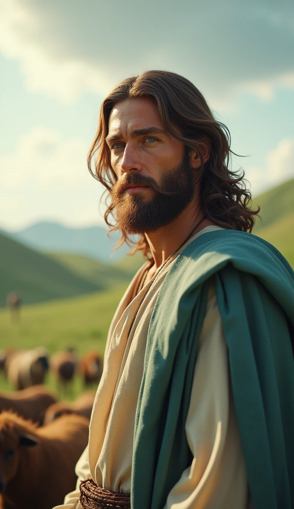 The LORD is my shepherd; I will not miss anything. White Christian Jesus with Blue Eyes. high resolution, 4K, Engine 5 Graphics Engine