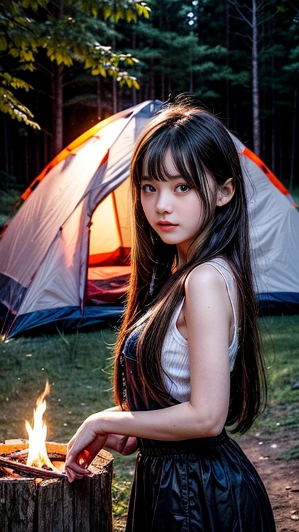 Woman doing solo camping、Cute 20 year old、The body is slim、Long hair with bangs、Camping style、A makeshift tent can be seen behind her...、in the forest、Starry Night、I see a bonfire in front of me、Clear images、High color reproducibility、Attention to detail、Live Action、Fascinating、