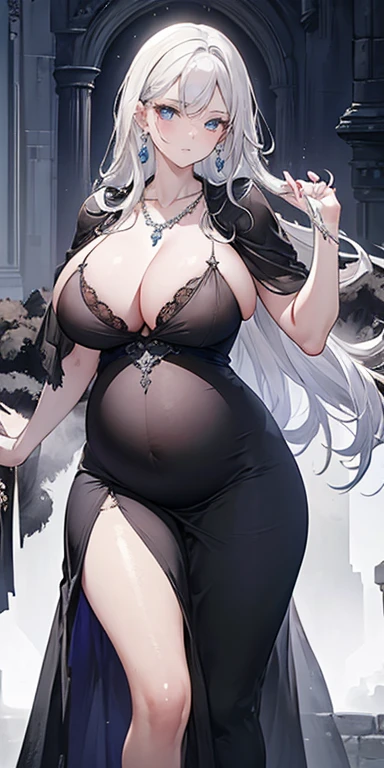 Castle wall as background, pregnant fashion model posing, (photorealistic:1.4), (masterpiece, front lighting, finely detailed beautiful eyes: 1.2), masterpiece*portrait, realistic, 3d face, glowing eyes, shiny white hair, lustrous skin, solo, embarrassed, black dress, absolute_cleavage, necklace, sapphire_earrings, pregnant