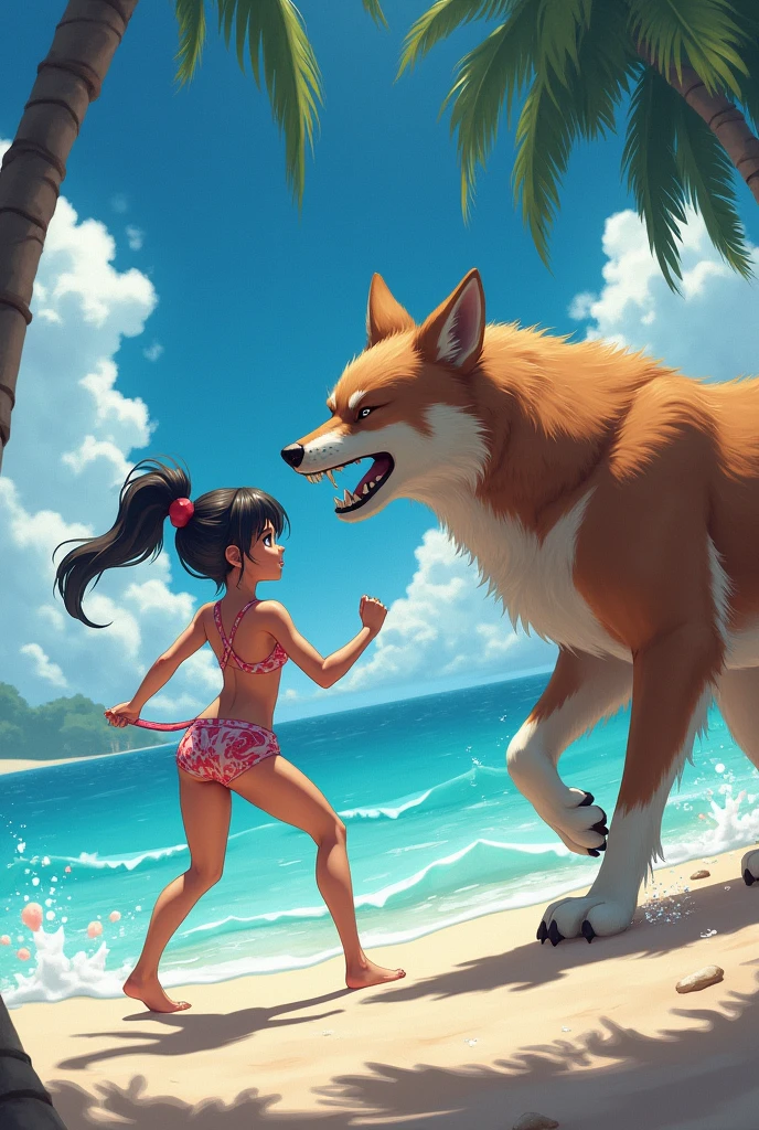 Nezuko fighting with a dog in a bikini