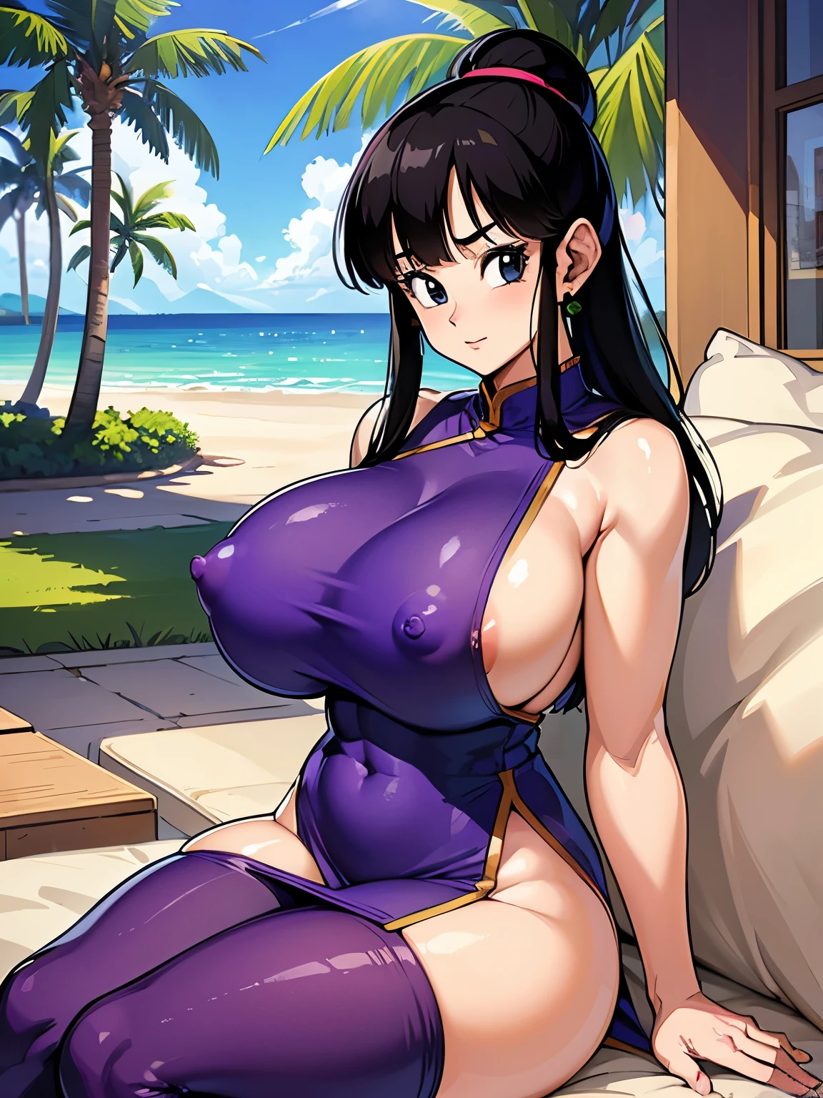(masterpiece, Highest quality:1.2, 8k, Ultra-high resolution), (1mom), older Chichi, a character of DBZ, dragonball, mature, Milf, ((ultra realistic mature face, ultra detailed mature face)), (black, Django hair, slicked back Hairstyles), (Ultra Slim Waist, perfect slim model body style), (yellow China dress:1.1, purple neckchief:1.1), (((((ultra huge breasts, ultra huge cleavages, ultra huge boobs, ultra huge tits))))), Detailed face, Detailed eyes, Beautiful Eyes, Perfect Eyes, Ultra-realistic & Highly detailed skin texture, (nsfw:1.85), (living room, house plant, view palm tree & beach from bay window:1.3, sitting on low couch, spreading legs),