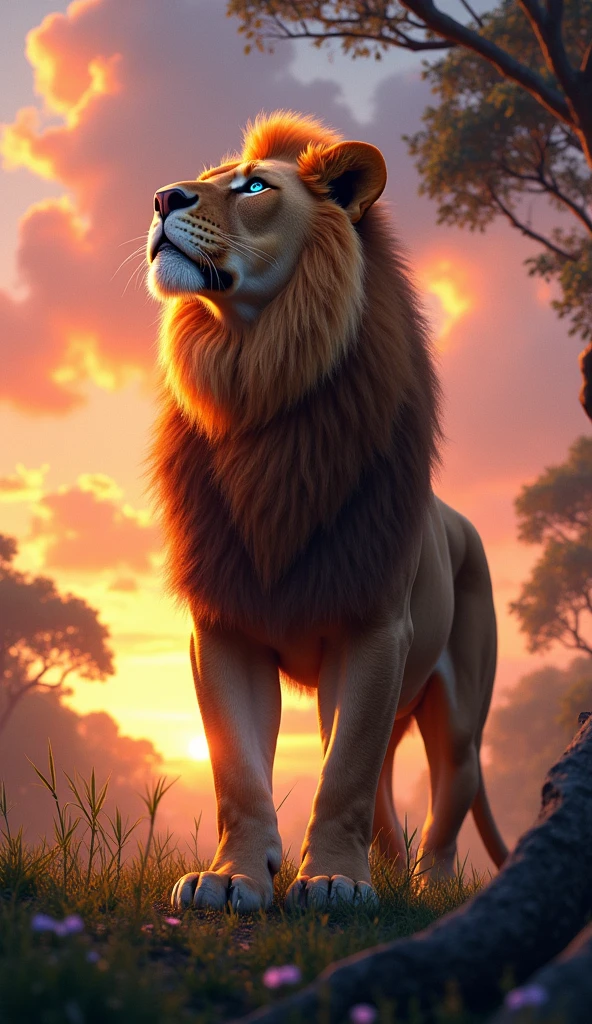 Generate a super realistic 8k 6d image of a very strong and beautiful lion with blue eyes looking at the sky at sunset