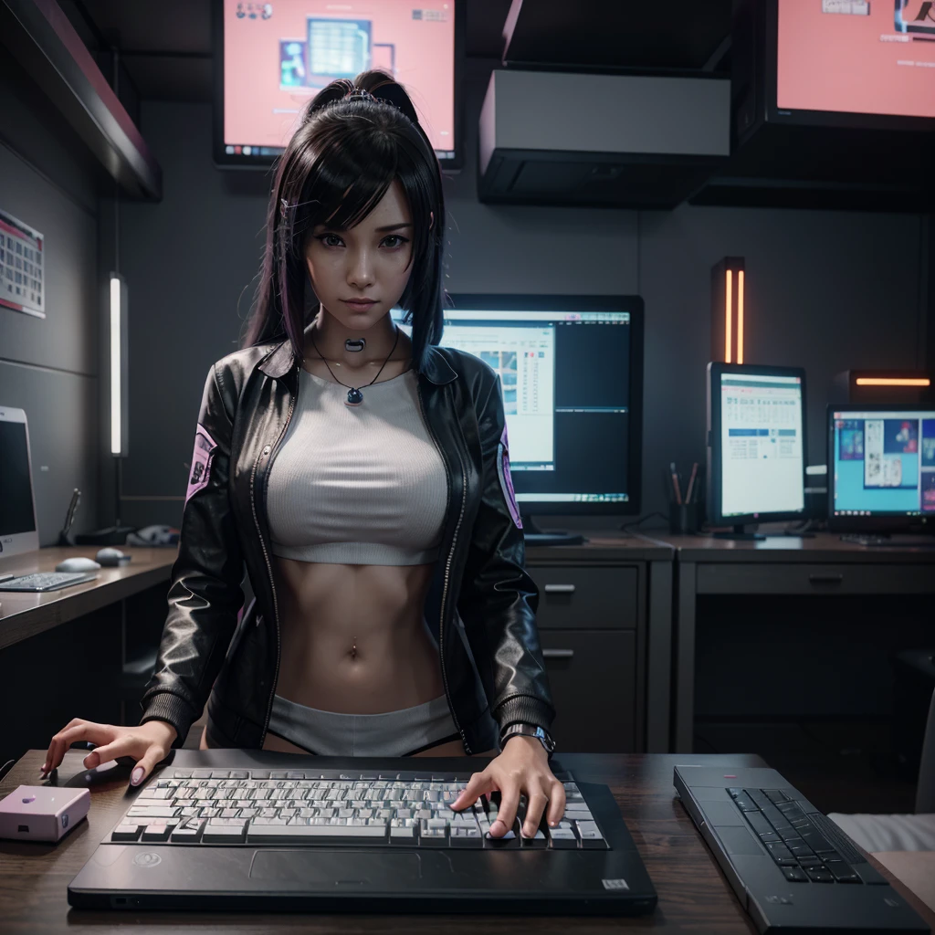 there is a woman sitting at a desk with a computer and a keyboard, realistic digital art 4 k, realistic digital art 4k, cyber school girl, digital cyberpunk anime art, digital cyberpunk - anime art, 8 k realistic digital art, realistic anime 3 d style, advanced digital anime art, digital anime art, cyber style, digital advanced anime art, digital anime illustration