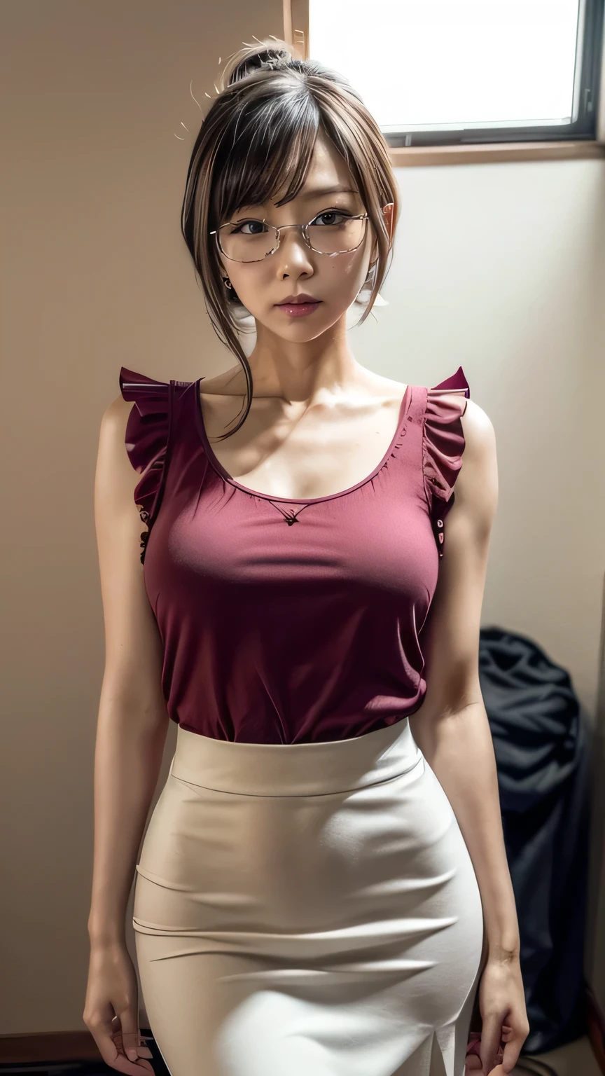 (A Japanese woman standing facing this way:1.4、A woman arguing with a stern look on her face、Hold up your finger and look here)、(Realistic、Like a photograph、Live Action、8k, Realistic, RAW Photos, Best image quality: 1.4), Single-lens reflex camera、RAW Photos, Highest quality, Realistic, Very detailed CG Unity 8k wallpaper, Written boundary depth, Cinematic Light, Lens flare, Ray Tracing, Realistic background、(Wearing glasses:1.4、Sleeveless ruffled blouse、Tight long skirt:1.3、mermaidskirt、Small breasts)、((Ultra-dense skin))、 Cute Japanese Woman、((whole body:1.5)，short hair:1.2、Short Ponytail、tie your hair with a hair clip、I like that style、stylish、Very detailed、Pay attention to the details、Perfect outfit、(Sunburned skin)、View from the front