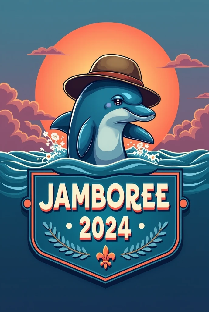 A flannel logo featuring a dolphin wearing an explorer's hat coming out of the water, with a sunset in blue and purple tones, and below have a text box in capital letters that says JAMBOREE 2024 with a fancy font, Below it has a fleur-de-lis and is framed