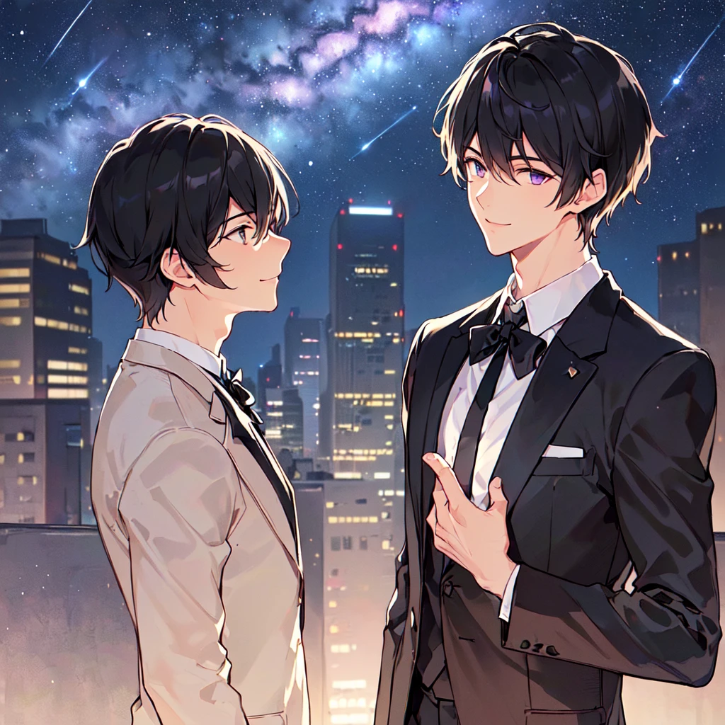 masterpiece,best quality,high quality,(1 male austere handsome solo adult age 30 years old:1.5), purple eyes, cool with suspended eyes, V-shaped eyebrows, body strong and fearless 8.5 head tall, height 185cm, (well-groomed black short hair down to neck:1.4), (bangs 7 thirds parted:1.4), slender nose, facial muscles, throat, (black suit black tie black pants:1.3), (standing:1.3), (stylish pose), (cool smile:1.3), , (upper body:1.3) ,(staring into distance), (background skyscraper roof:1.3) , (Milky Way Night Sky:1.3)