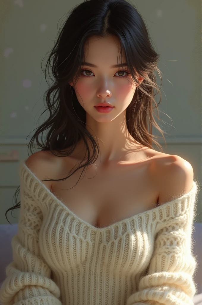 (Best Quality)), ((masterpiece)), (detailed), 1 girl, off shoulder sweater,
