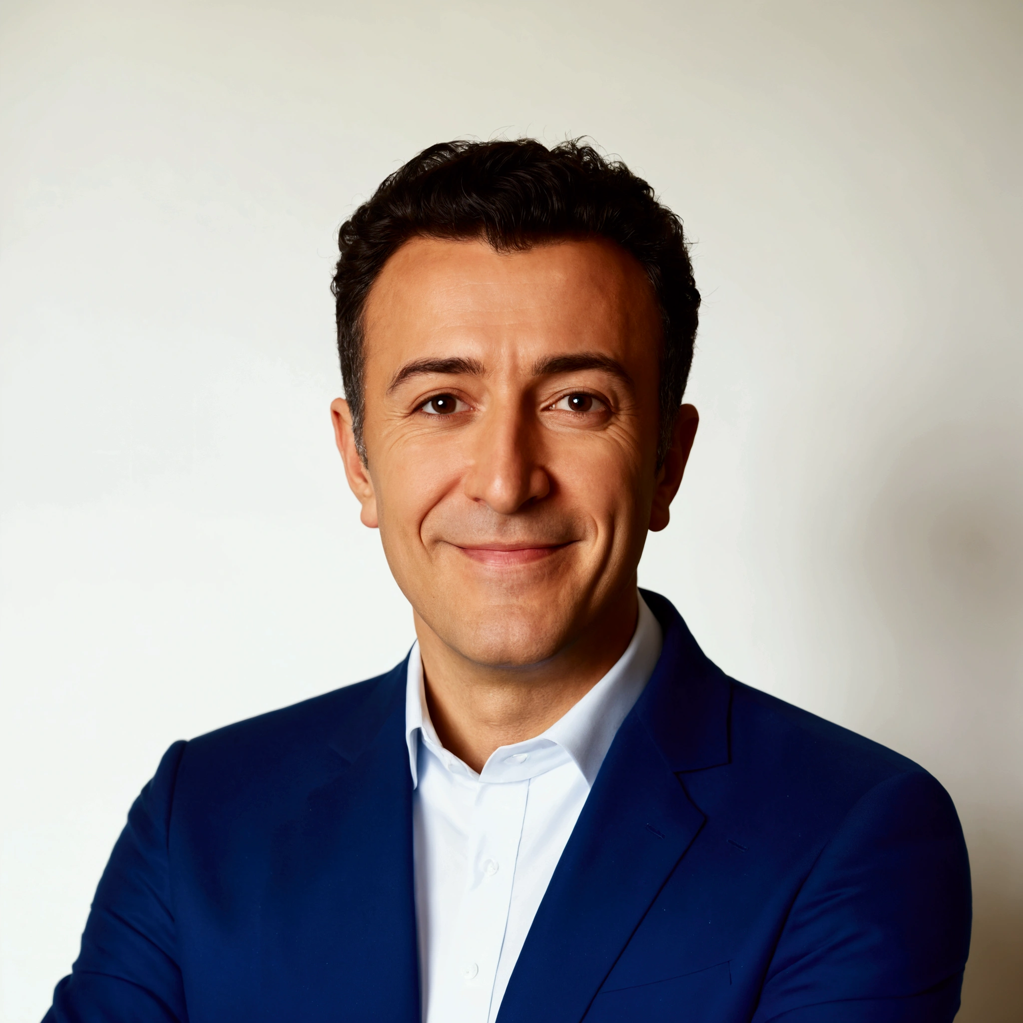 smiling man in blue suit and white shirt standing with arms crossed, edin durmisevic, alessandro barbucci, marco bucci, paolo eleuteri serpieri, george doutsiopoulos, emanuele dascanio, leonardo fioravanti, riccardo federici, giuseppe dangelico pino, leonardo calamati, raffaelle monti. Pixar cartoon style 3d
