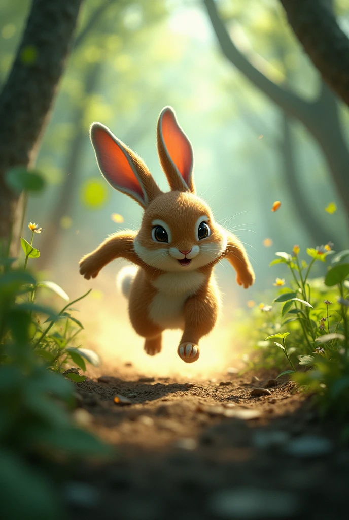 Tico and the Speed of the Wind": Tico, o coelho, running so fast it becomes a blur, moving with the speed of the wind through the forest. Around her, leaves and branches rustle as he runs, leaving a trail of light wherever it goes. make it faster