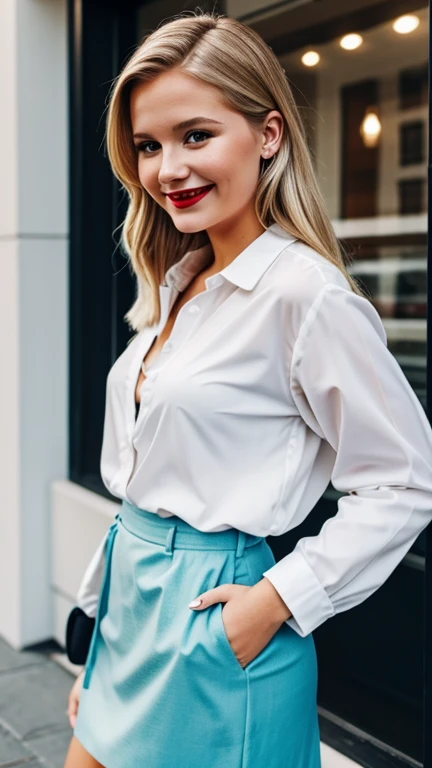 Jenna boyd wearing sexy scandinavian style clothes with lipstick and smiling