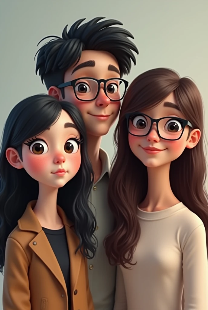 the first girl: white with black glasses, Long wavy dark hair with long bangs.
The second boy: white ager short dark hair with glasses the third girl: White teen with medium brown hair with glasses and very short bangs