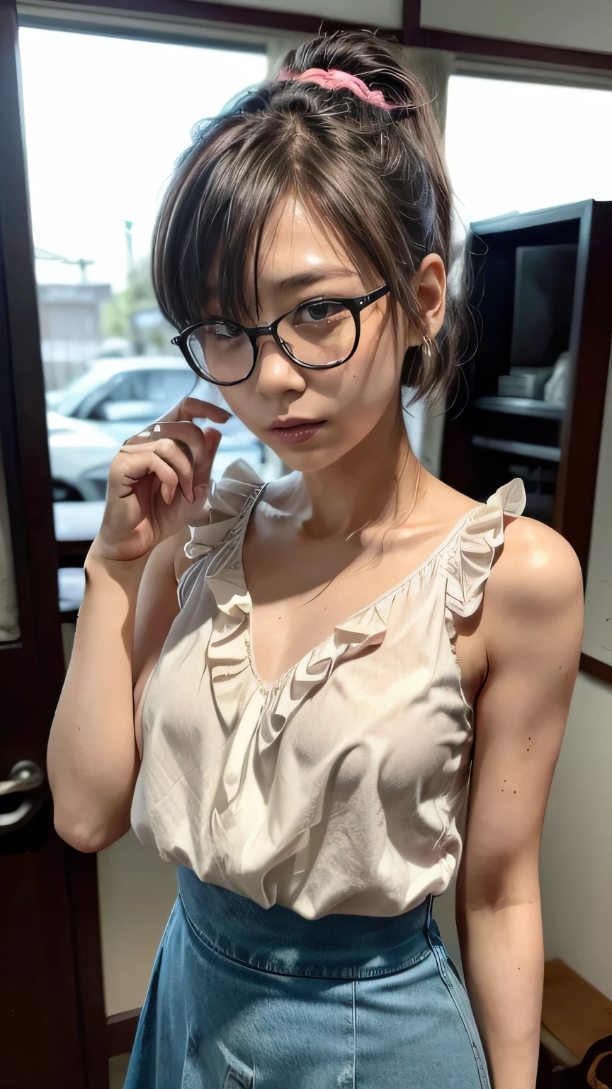 (Japan Office、A Japanese woman standing facing this way:1.4、A woman arguing with a stern look on her face、Hold up your finger and look here)、(Realistic、Like a photograph、Live Action、8k, Realistic, RAW Photos, Best image quality: 1.4), Single-lens reflex camera、RAW Photos, Highest quality, Realistic, Very detailed CG Unity 8k wallpaper, Written boundary depth, Cinematic Light, Lens flare, Ray Tracing, Realistic background、(Wearing glasses:1.4、Sleeveless ruffled blouse、Tight long skirt:1.3、mermaidskirt、Small breasts)、((Ultra-dense skin))、 Cute Japanese Woman、((whole body:1.5)，short hair:1.2、Short Ponytail、tie your hair with a hair clip、I like that style、stylish、Very detailed、Pay attention to the details、Perfect outfit、(Sunburned skin)、View from the front