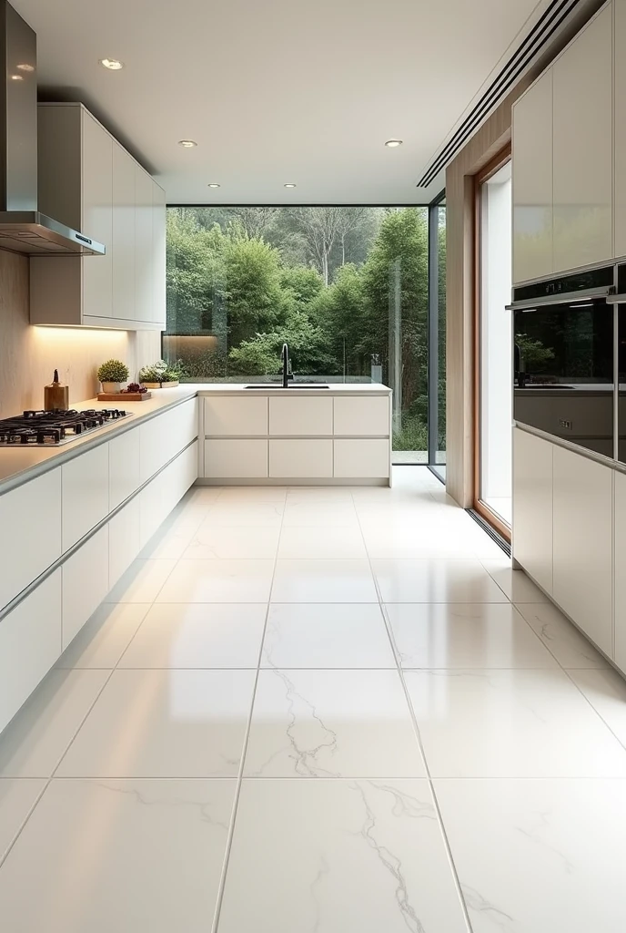 Kitchen with pearl white porcelain 60 x 60