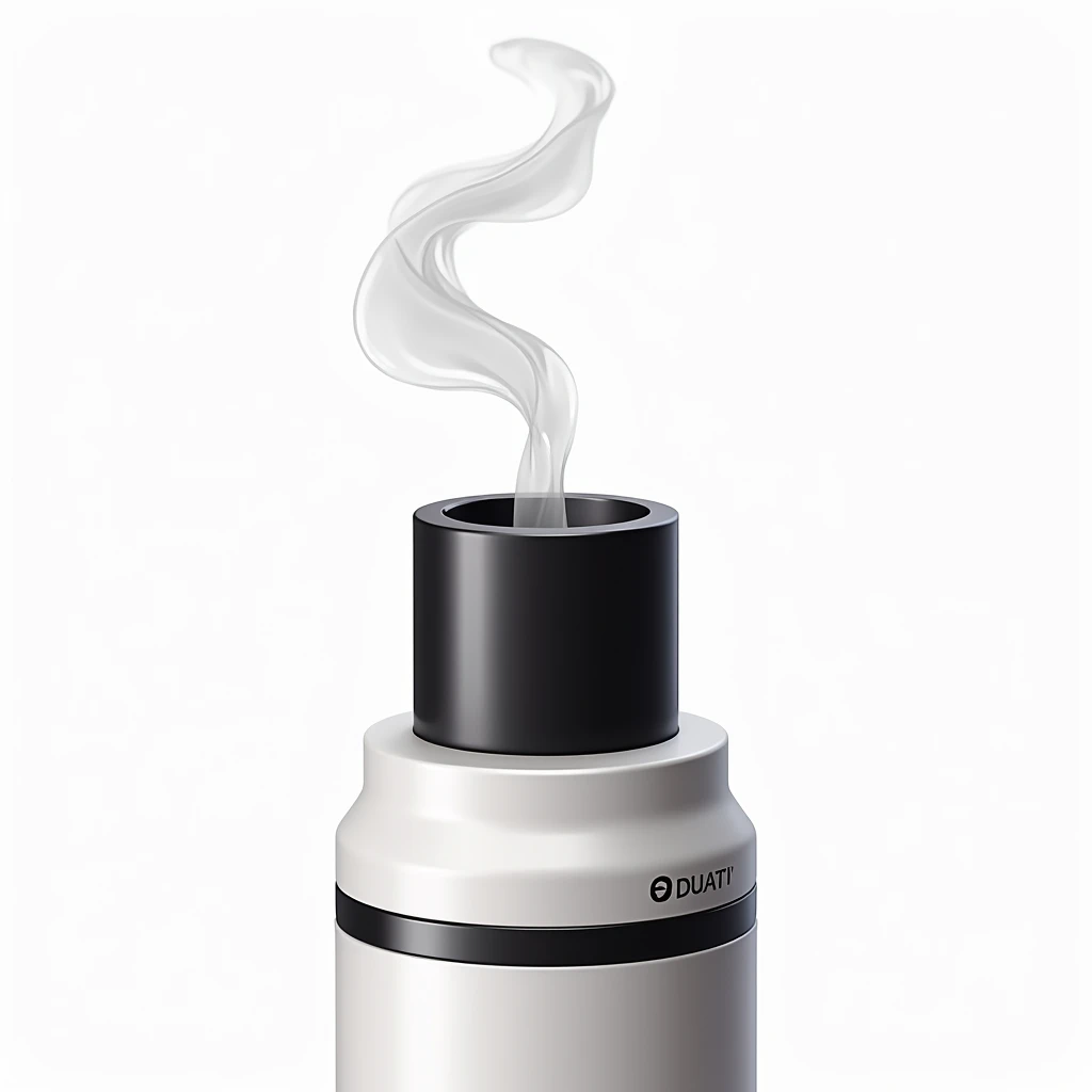 vector outline art, black and white colors, vape device, A small cloud of white translucent vapor comes out of the drip tip, macro shot, Close-up, White background