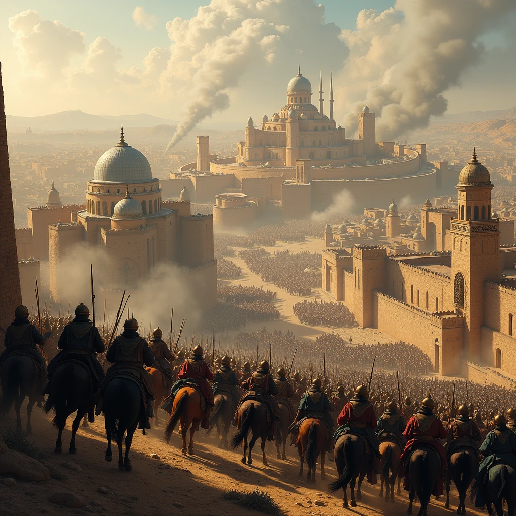 The Mongol army surrounding Baghdad. Thousands of soldiers, catapults, and siege towers ready for attack.