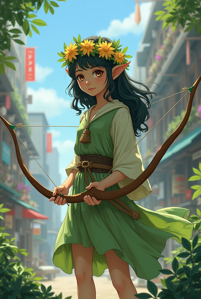 A nature elf who bears a resemblance to Marcile from Dungeon meshi who is 18 years old and is a little green with dark hair and brown eyes and shy who is a cleric with a bow and arrow and a flower tiara who believes in the god of water who is in the city