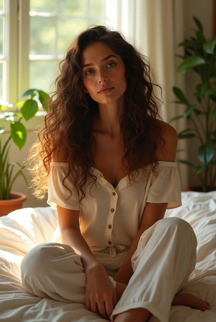 (photorealism:1.2), beautiful woman, sitting on bed, wearing loose off-shoulder top, pajama pants, long curly hair, indoors, soft lighting, plants in background, window with sunlight, cozy room, relaxed pose, realistic, intricate details, warm colors, by Greg Rutkowski, by Alphonse Mucha