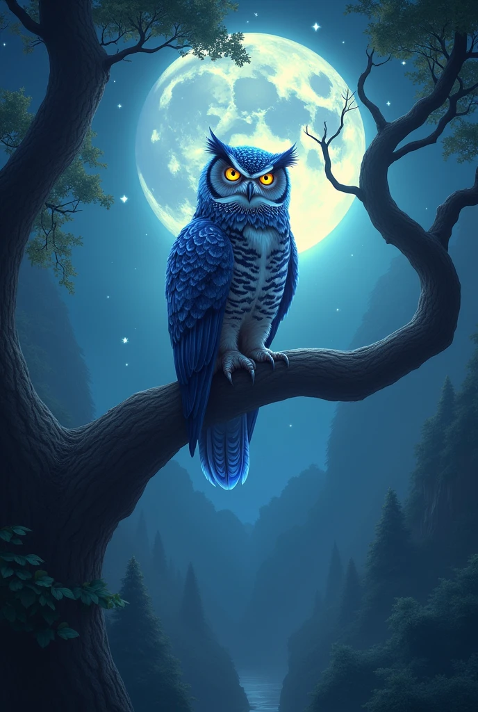 luna e o Olhar Profético": luna, The owl, perched on a high branch, with her big eyes shining brightly. Its feathers reflect images of the future, showing visions of adventures and challenges yet to come, as she watches wisely.
