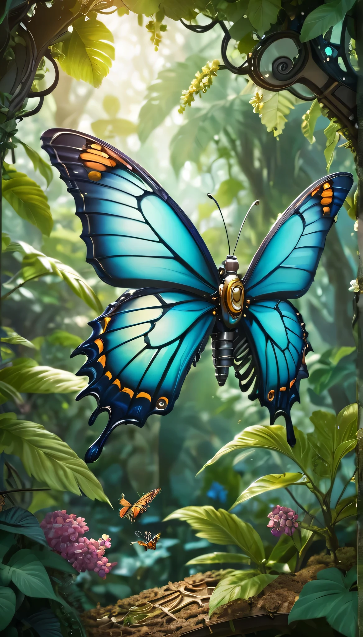Futuristic Ethereal Butterfly,Sci-fiButterfly,Futuristic Butterfly Mechanical Butterfly,Futuristic jungle background,First job,(Very detailed 8k unified CG wallpaper),(Better quality),(Best Illustration Award),(Best shadow),The background is a forest theme,与Natural Elements,Flowers in bloom,Warm color palette,surrounded by delicate sheets and branches,Sunlight,(Natural Elements),(Jungle theme),(sheet),grape trees,Butterfly,(exquisite sheets),(Particle Effects),Isometric 3D Model,Rendered by Octane, Ray Tracing,Ultra Detailed