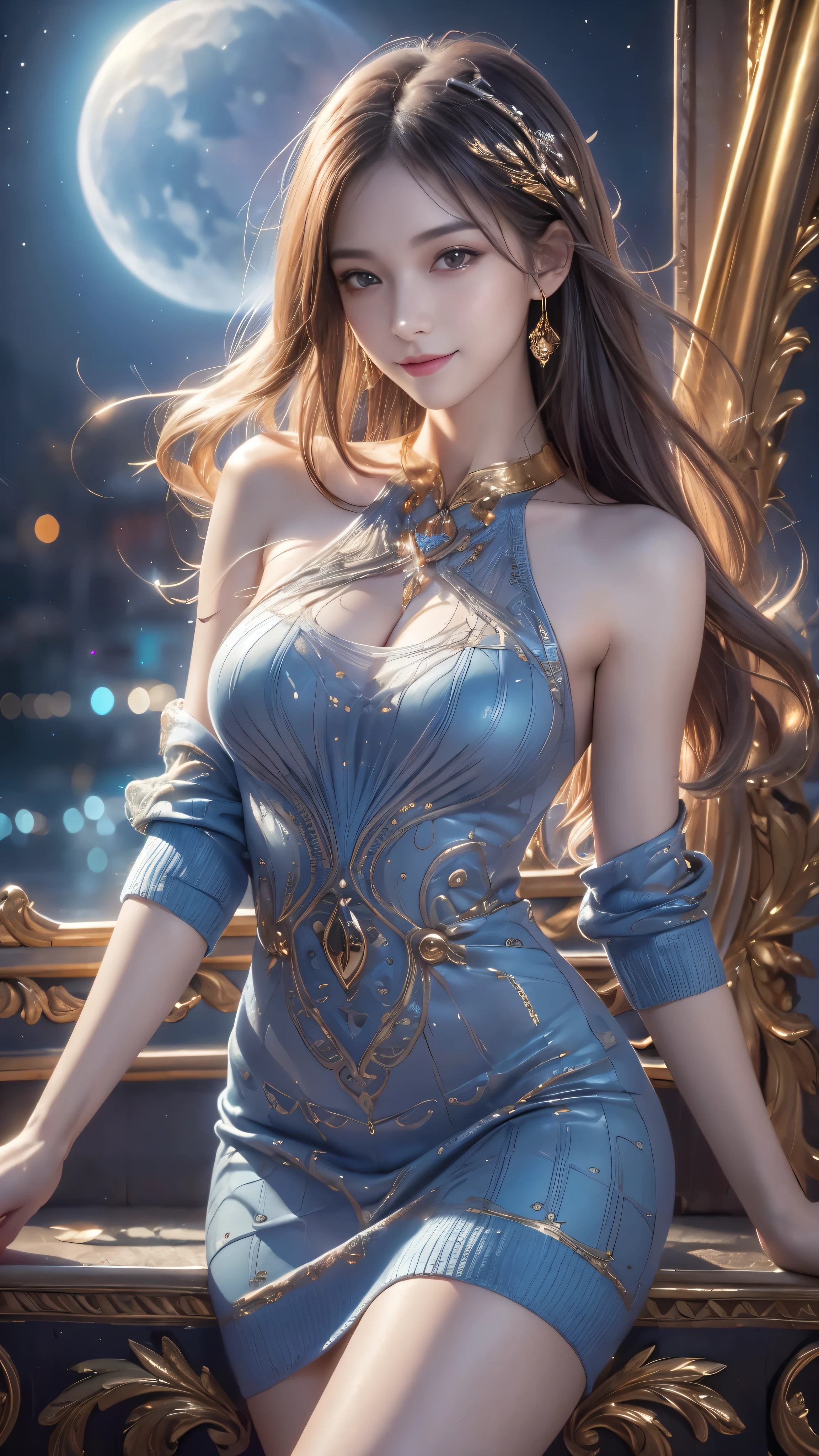 Body Portrait, 8k, Slender and beautiful eyes, Tyndall effect, masterpiece, 最high quality, high quality, High resolution, Highly detailed photos, (Natural skin texture, Delicate skin, Surrealism, Ultra Sharp), Skin with attention to detail, (very good, Delicate skin texture, Intricate details, Pretty face, Realistic Face, Realistic eyes, Beautiful and detailed eyes, Realistic Skin, Beautiful Skin, Surrealism, Highly detailed golden ratio, Smiling Eyes, Night moonlight background, Body Portrait, glamorous, Blue sexy knit dress,Knee