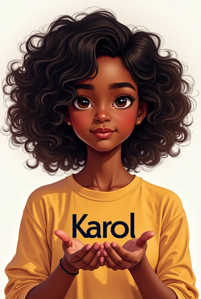 Digital drawing style, a ager with dark skin, curly hair, and holding her name in her hands Karol