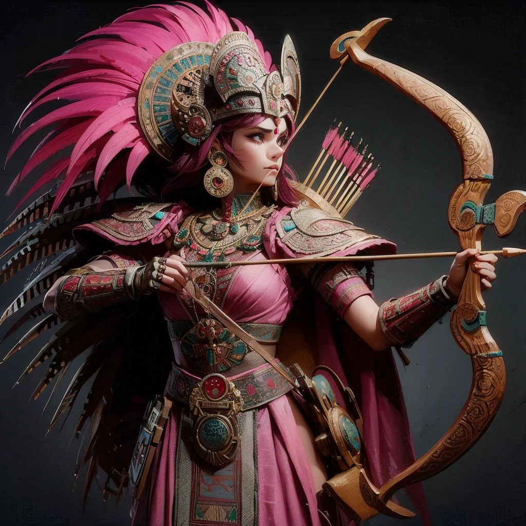 A beautiful and proud Aztec warrior, she dressed in pink armor, with a bow in her hands ready to shoot