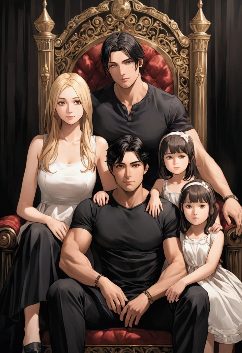 Une photo de famille, a 27 year old mother with loose black hair sitting on a throne, a sister with brown hair, an 8  sister with long blonde hair, a black hair brother,and a 31 year old father with short hair
