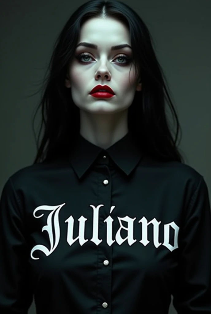 Gothic woman face, shirt with the word JULIANO written on it