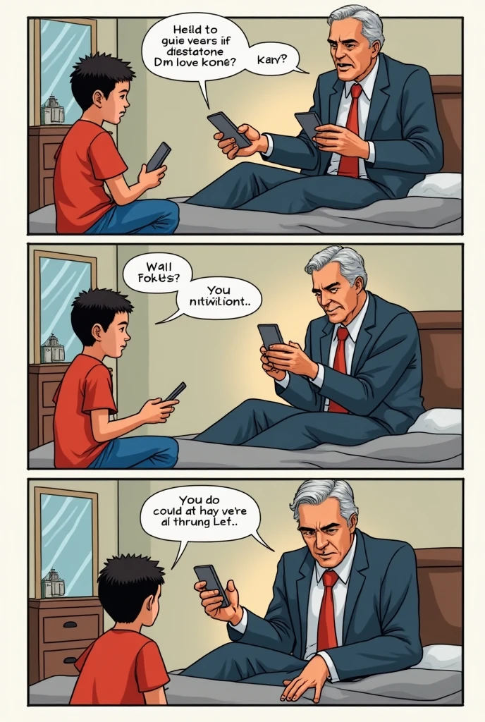 In a comic strip, show a son, who is wearing a red blouse and blue pants, who is using his cell phone in his room and his father is next to him talking to him, the father is wearing a suit and tie. In the next comic strip, represent the father&#39;s dissatisfaction with his son&#39;s exacerbated relationship with new technologies, continue with the same space. In the following to this, mostre um flashback, returning to the era when the boy&#39;s father was a child and what his childhood was like in the 1980s.