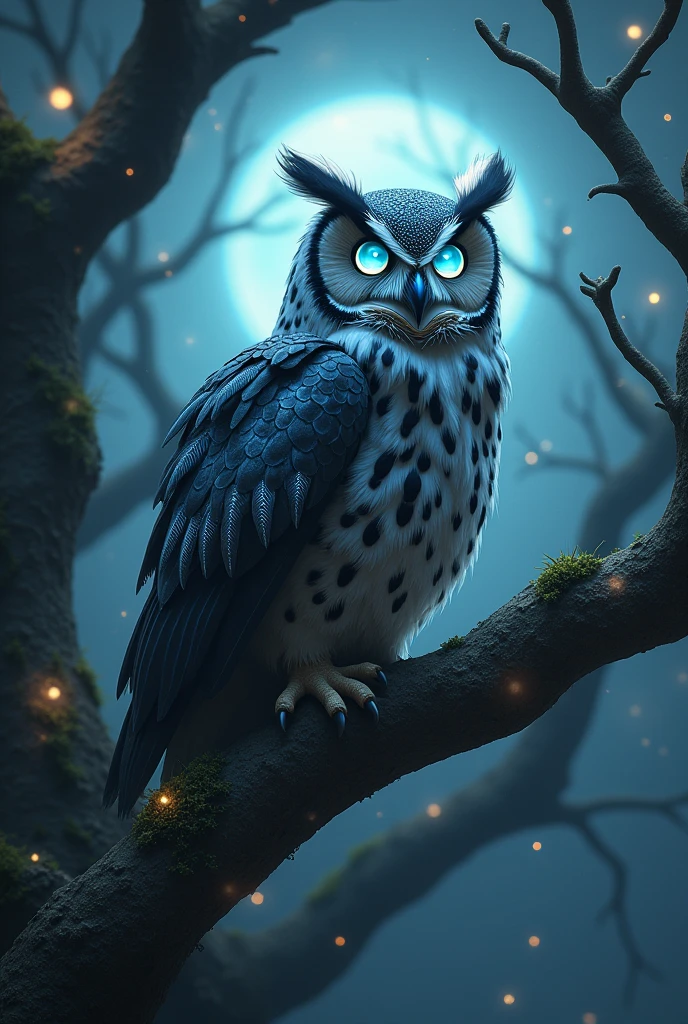 luna e o Olhar Profético": luna, The owl, perched on a high branch, with her big eyes shining brightly. Its feathers reflect images of the future, showing visions of adventures and challenges yet to come, as she watches wisely. make her more lively and powerful