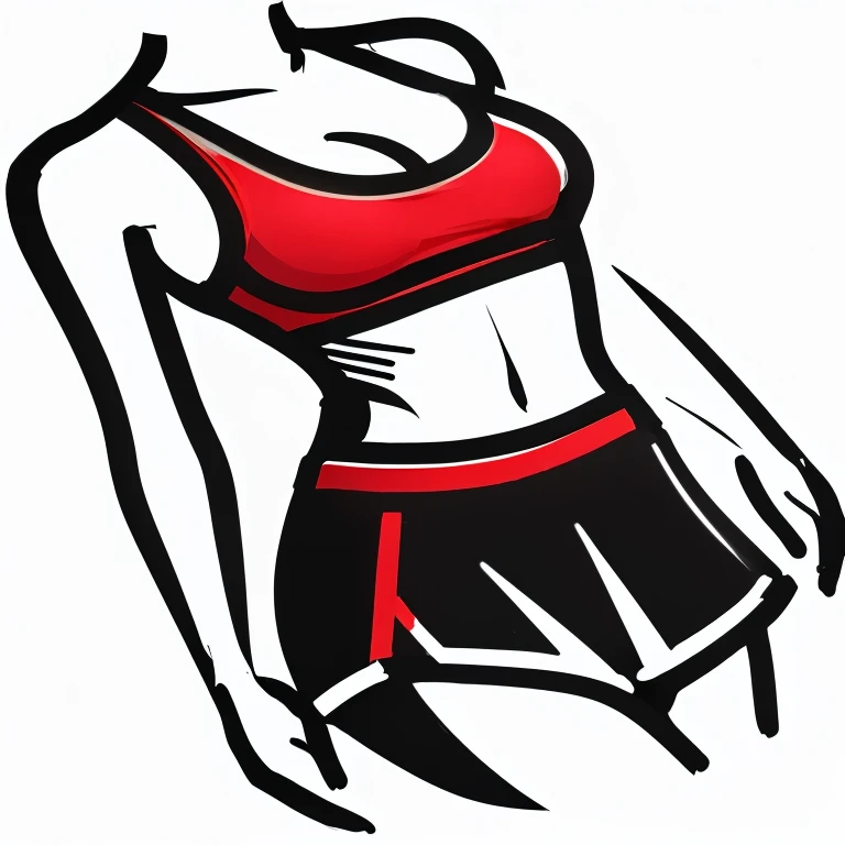 Based on the previous image, create a minimalist figure of a person wearing a red and black sports bra and shorts. The lines should be even more simplified, focusing on smooth, flowing contours with minimal detail. The figure should emphasize simplicity, using the red and black color scheme only to highlight the sportswear. The overall design should be sleek, modern, and abstract, aiming for a visual style that is competitive with major brand logos in its simplicity. Eliminates lines on the abdomen