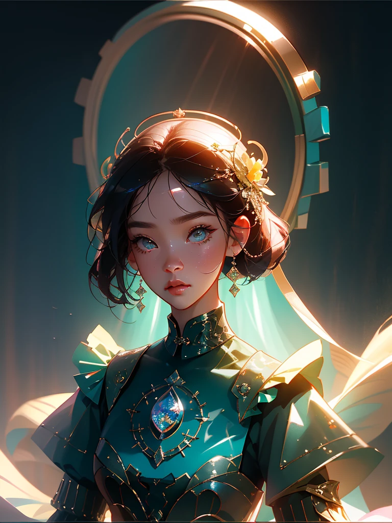 artwork of a beautiful woman, adult, eye-catching, artistic composition, emotion, active, movement, particles, masterpiece, highest quality, 1 girl, (close up), magical, beautiful dress with black hair, black pupils, blue eyes