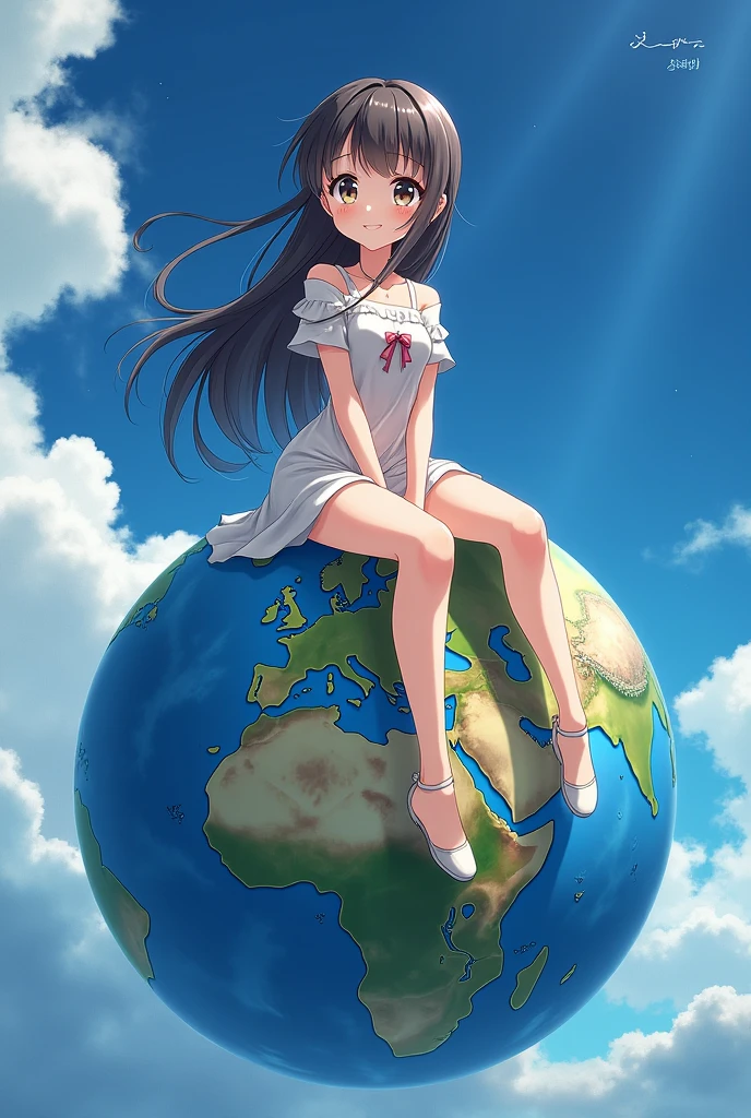 An anime girl sits on the world with her ass covering half of it