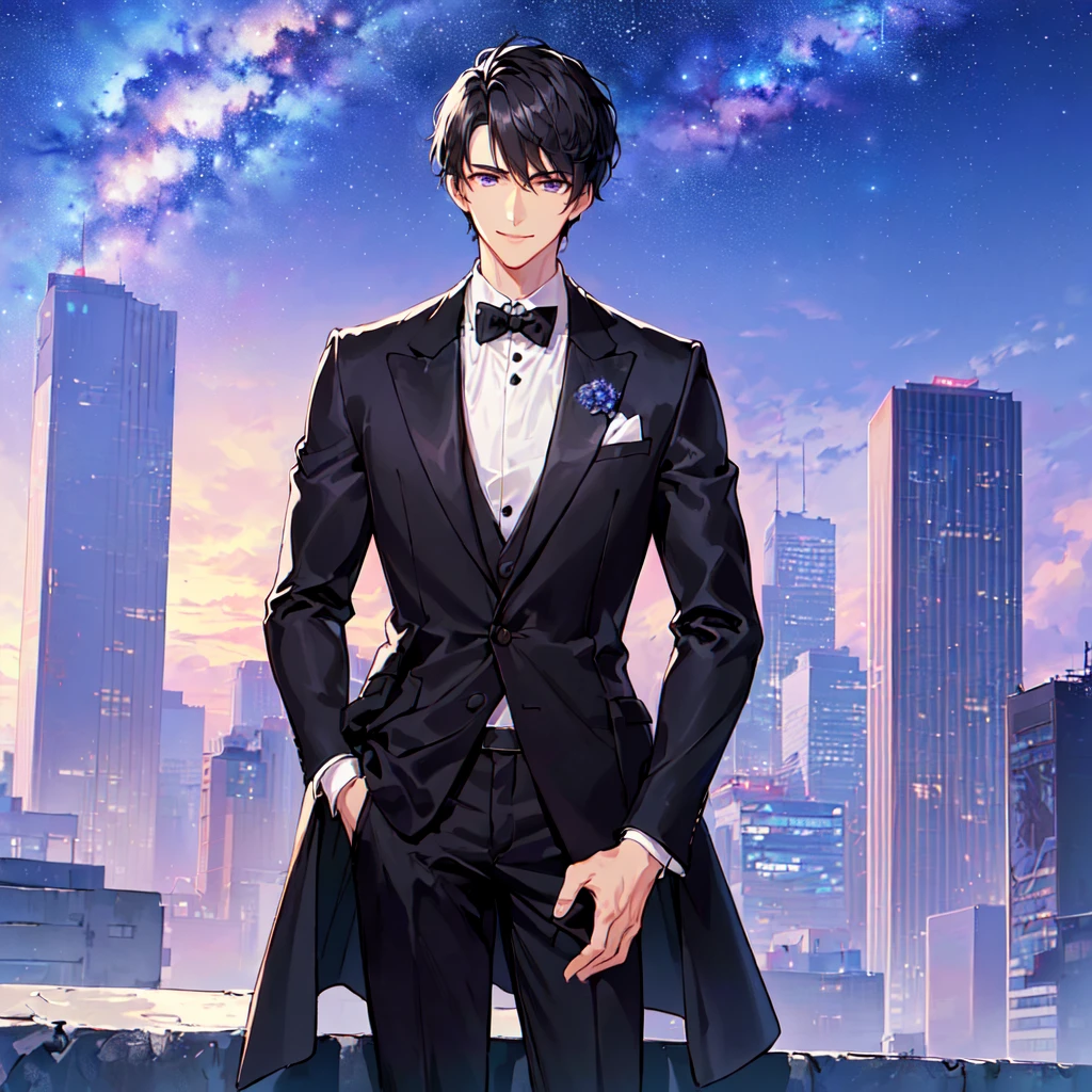 masterpiece,best quality,high quality,(1 male austere handsome solo adult age 30 years old:1.5), purple eyes, cool with suspended eyes, V-shaped eyebrows, body strong and fearless 8.5 head tall, height 185cm, (well-groomed black short hair down to neck:1.4), (bangs 7 thirds parted:1.4), slender nose, facial muscles, throat, (black suit black tie black pants:1.3), (standing:1.3), (stylish pose), (cool smile:1.3), , (upper body:1.3) ,(staring into distance), (background skyscraper roof:1.3) , (Milky Way Night Sky:1.3)