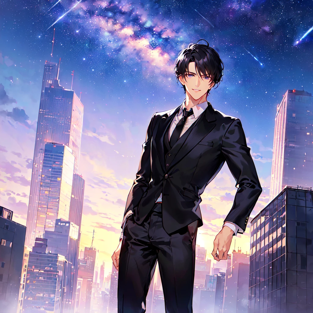 masterpiece,best quality,high quality,(1 male austere handsome solo adult age 30 years old:1.5), purple eyes, cool with suspended eyes, V-shaped eyebrows, body strong and fearless 8.5 head tall, height 185cm, (well-groomed black short hair down to neck:1.4), (bangs 7 thirds parted:1.4), slender nose, facial muscles, throat, (black suit black tie black pants:1.3), (standing:1.3), (stylish pose), (cool smile:1.3), , (upper body:1.3) ,(staring into distance), (background skyscraper roof:1.3) , (Milky Way Night Sky:1.3)