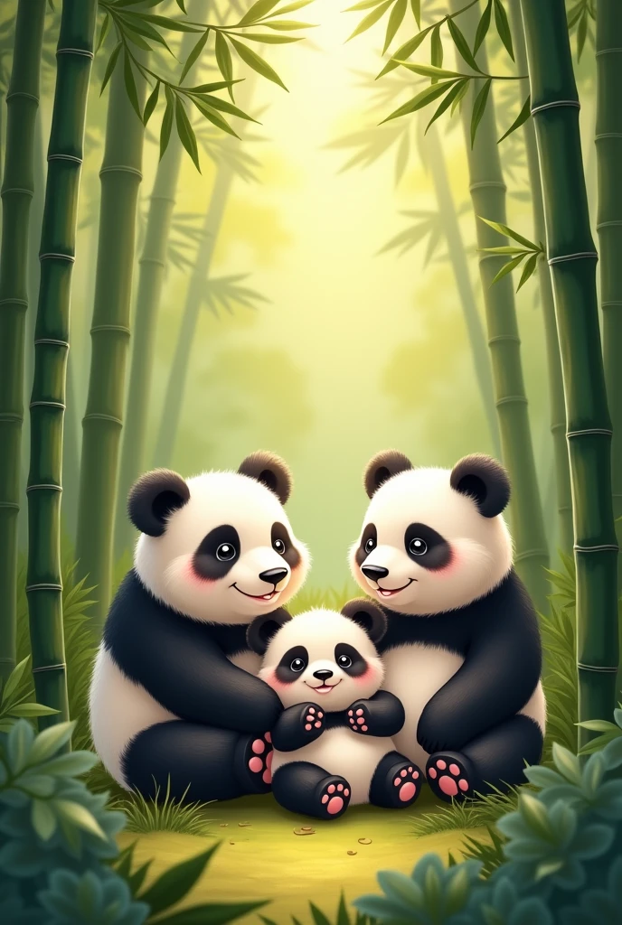 Panda in bamboo with his parents and no worries