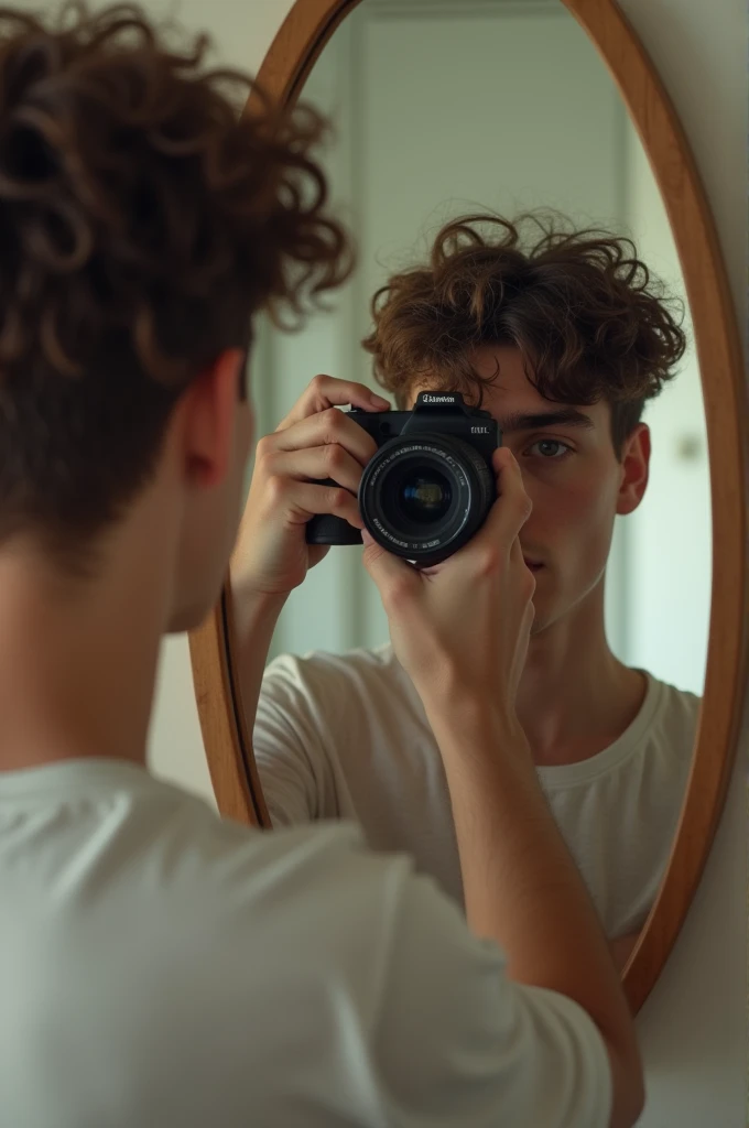 Create photo of an 18 year old man with curly hair taking a picture in the mirror