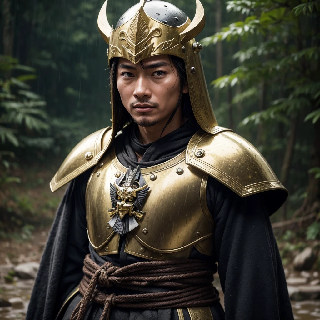 Realistic shot of an ancient samurai warrior, with dark iron armour and gold ornaments (on the breastplate helmet), in the middle of a wet and rainy forest, with an old pagoda behind. In UHD 8K, hyper-realistic cinematic lighting.High details, anatomically correct, textured skin, open mouth, Frowns, light smile, Vein of anger, Hasselblad, foreground, hair ornament, Hair bow, mask/sale/face mask, foreshortening, bokeh,
