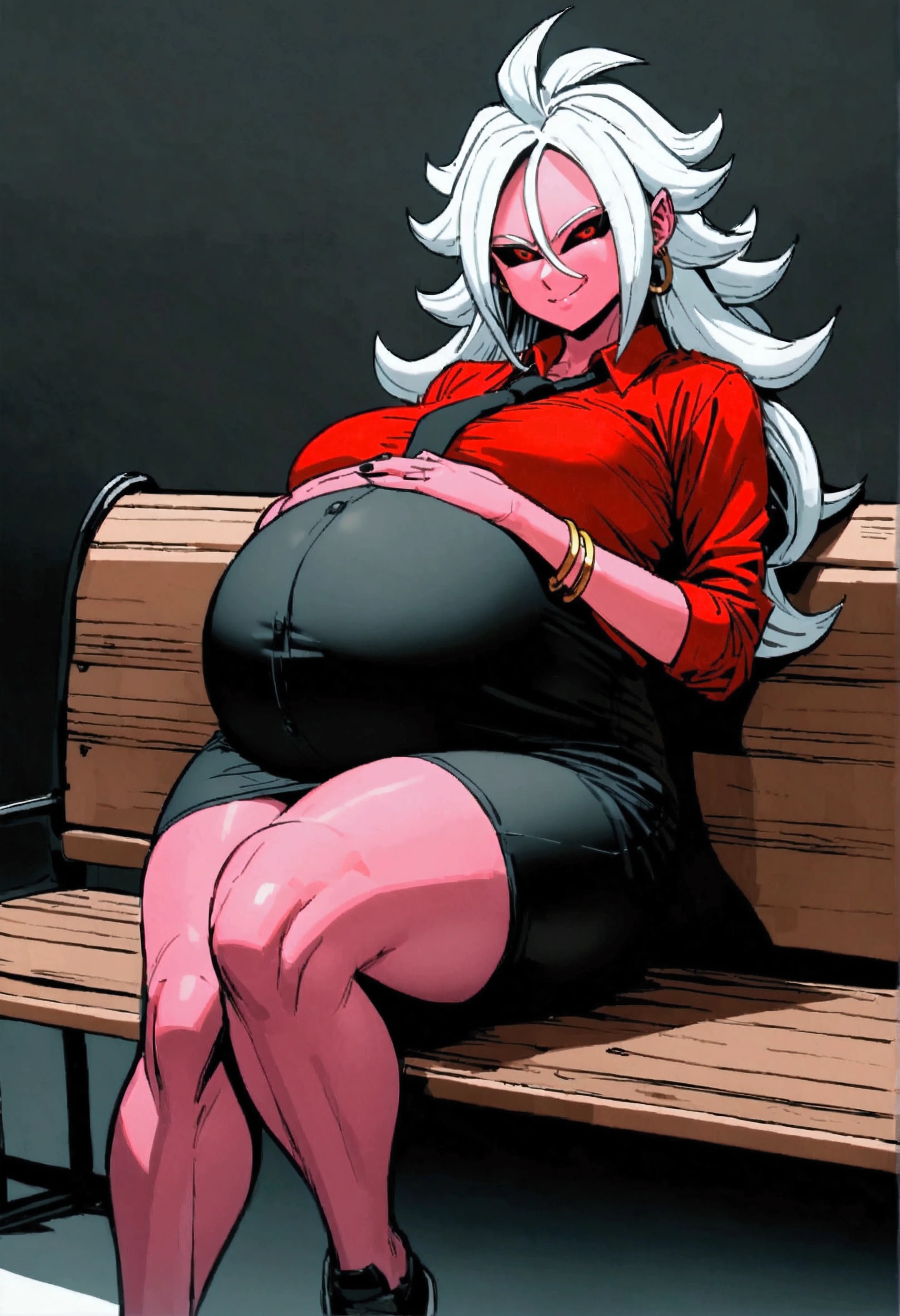 Android 21 from dragonball, black sclera, pink skin, tube top, bracelet, pencil skirt, white hair, suit shirt, suit jacket, black tie, curvy, black pantyhose, suit shirt, knee long skirt , alone, big ass, big thighs, black sneakers, sitting on bench, legs crossed, evil eyes, red buttoned shirt, rolled up sleeves, front facing, relaxed, smile, pregnant, one hand on belly, phone in hand,