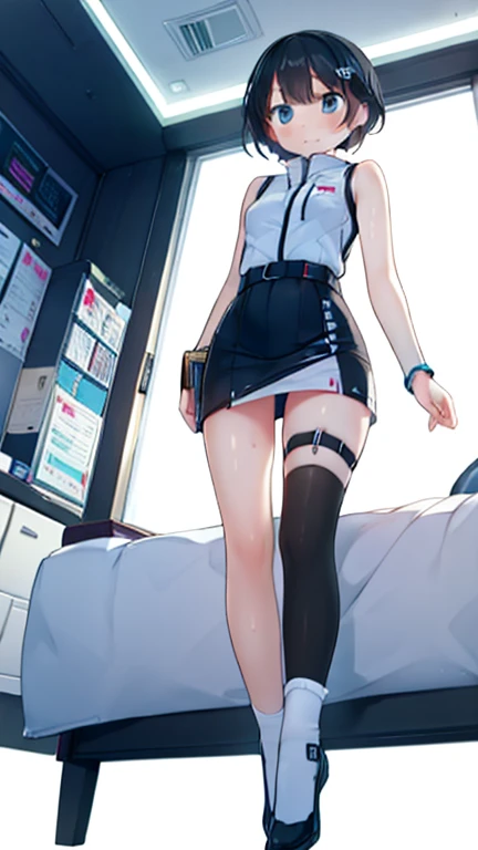(Highest quality), (masterpiece), 1080P, High resolution, 4K, 8k, Inside the space station、Futuristic room、Thigh straps, Shooting from directly below, The woman on top of me, 白いSweat, Covered , Sweat, Woman looking down, Skirt swimsuit, Thigh-high socks, To achieve this, , , whole body, Black leather shoes, Braided hair, Inner Color, Embarrassed face, Short black hair, bracelet, Bedroom,celestial body_Vest