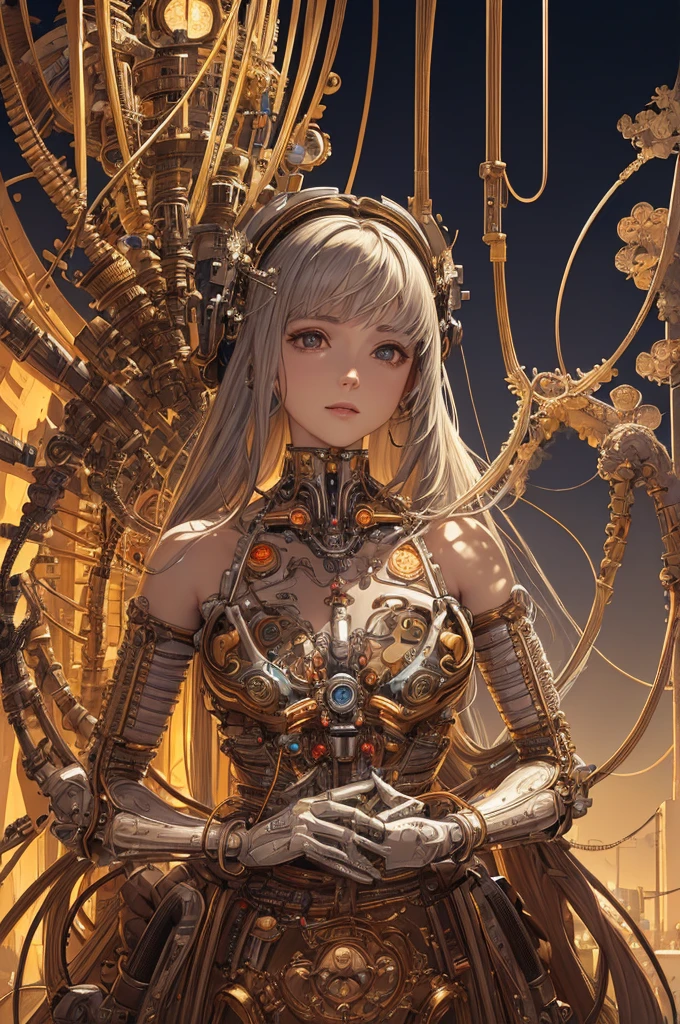 (((masterpiece))), (((best quality))), ((ultra-detailed)), (highly detailed CG illustration), ((an extremely delicate and beautiful)),cinematic light,((1mechanical girl)),solo,(cowboy shot:1.2),(machine made joints:1.2),((machanical limbs)),(blood vessels connected to tubes),(mechanical vertebra attaching to back),((mechanical cervial attaching to neck)),expressionless,(wires and cables attaching to neck:1.2),(wires and cables on head:1.2),(character focus),science fiction,extreme detailed,colorful,highest detailed, loongs,fengs,background,