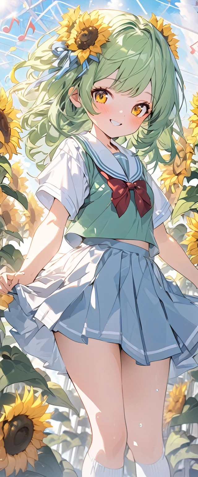 masterpiece, high definition, anime girl, long green hair, yellow eyes, cute anime girl, summer school uniform, smiling face, ((Sunflowers)), fractal art, Gwaiz, Greenhouse background, Surrounded by musical notes