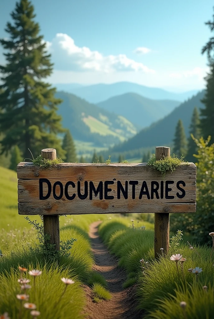 Sign with the Title that says Documentaries CV YouTube, in a natural landscape. 
