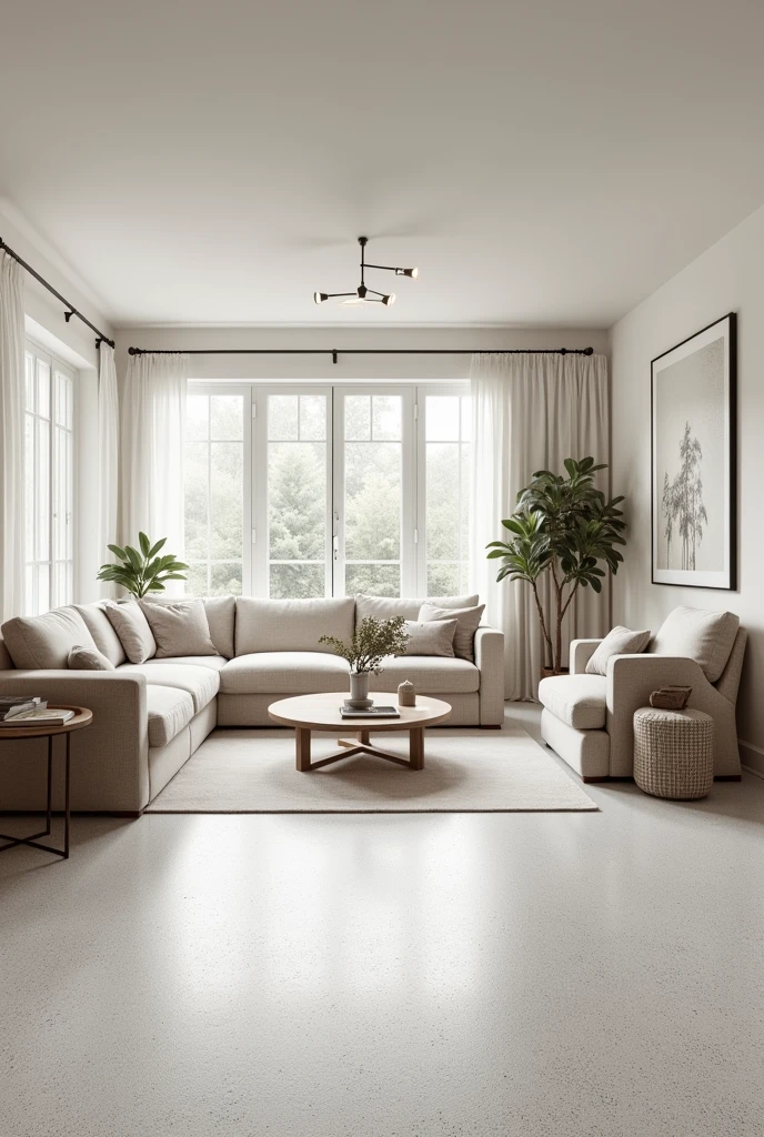 Simple living room with light grey terrazzo floor 

