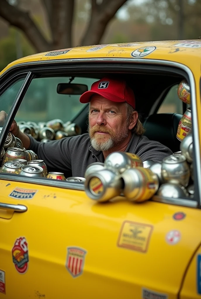 voiture jaune type honda logo, avec un homme dedans, cheveux blond, barbe mi longue, bob de couleur rouge, tout petit yeux brun, centaines de canettes de bieres a l’arriere de la voiture, autocollants d’alcool sur la voiture