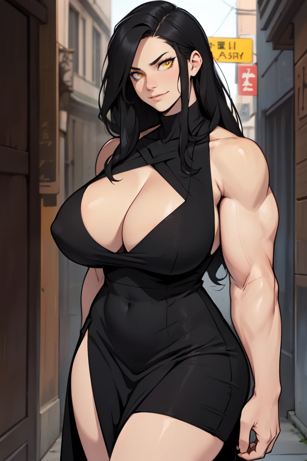 huge breasts huge muscles muscular girl black hair yellow eyes pale skin cocky smug confident expression tight black dress fancy